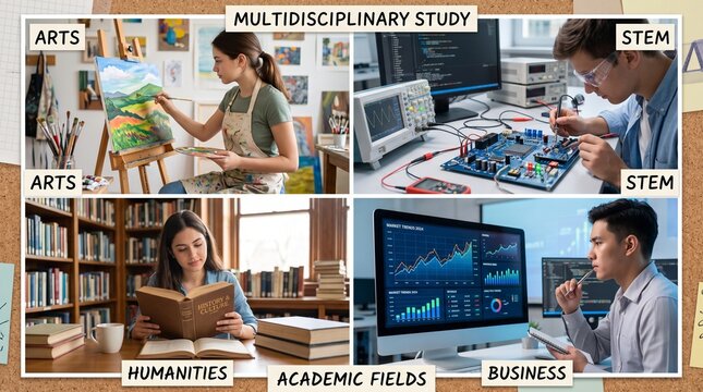 Graphic collage template showcasing multidisciplinary study online courses and research labs