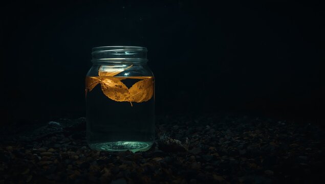 Autumn Leaves Preserved in a Glass Jar Underwater with Dark Background
