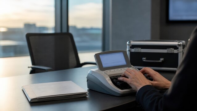 Court Reporter Stenography - Hands operate the stenotype keys for deposition conference room