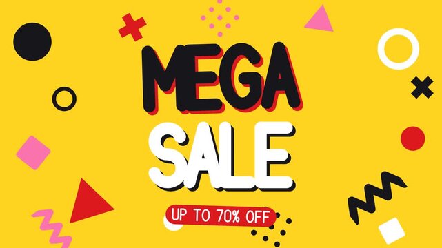 Flat mega sale title slams in with a hard shadow while geometric shapes, zigzags, dots and circles pop around on a yellow background