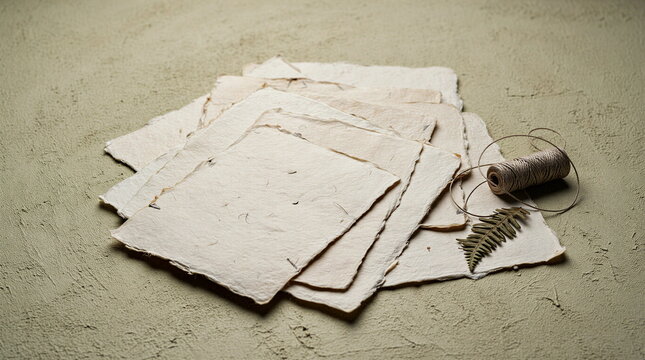 Handmade unbleached cotton fiber paper sheets with deckle edges on plaster