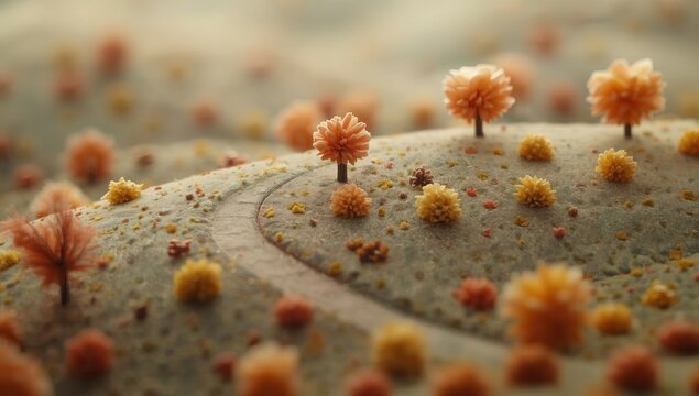 Miniature surreal landscape with tiny orange fluffy trees on rolling hills, macro photography style with shallow depth of field.