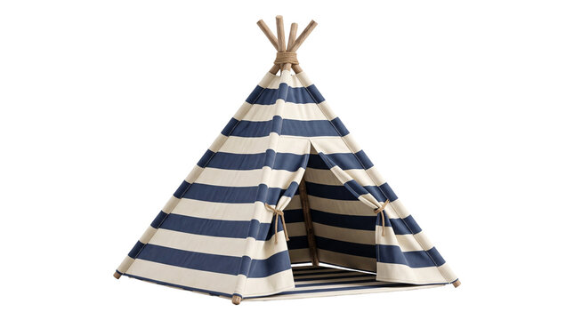 Striped blue and white kids teepee play tent features wooden poles for nursery or playroom interior decor.