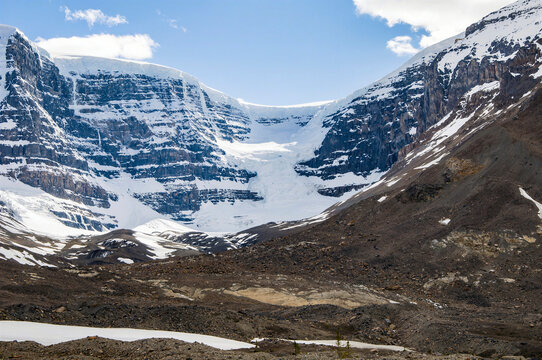 Snow Dome mountain and Dome Glacier icefall view from Icefields Parkway in Jasper National Park Alberta Canada
