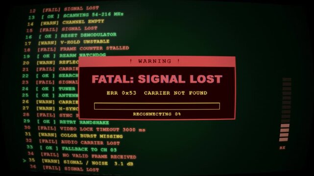 Error Terminal Console Log on Curved CRT Monitor Retro Computer System Failure Text Scroll Loop