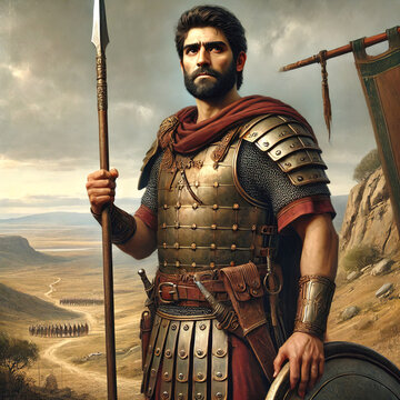 Bearded warrior in bronze armor with crimson cloak holding spear and shield against hills, road with marching army, cliff with banner and cloudy sky