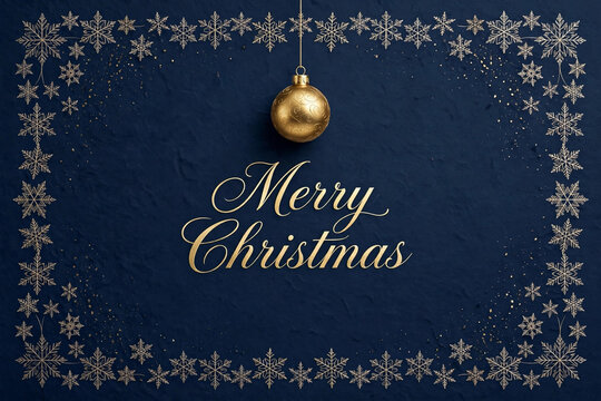 Navy Blue Merry Christmas Card with Hanging Gold Ornaments and Snowflakes, An elegant navy blue Christmas card design featuring hanging gold ornament baubles and delicate snowflake illustrations
