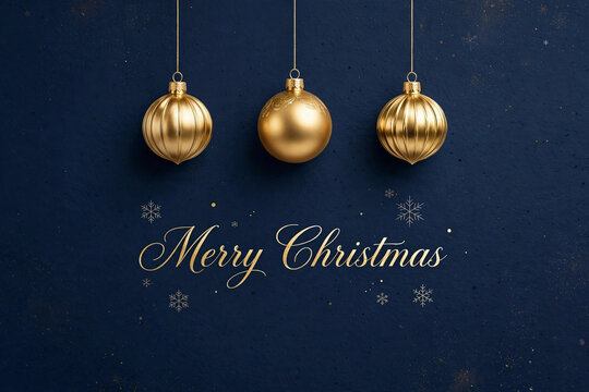 Navy Blue Merry Christmas Card with Hanging Gold Ornaments and Snowflakes, An elegant navy blue Christmas card design featuring hanging gold ornament baubles and delicate snowflake illustrations