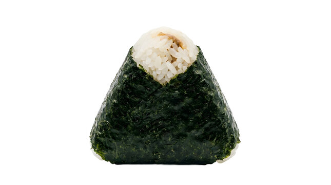 Traditional Japanese triangle onigiri rice ball wrapped in dark green nori seaweed isolated on transparent background. 