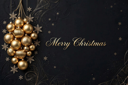 Merry Christmas Card with Hanging Gold Ornaments and Snowflakes, An elegant  Christmas card design featuring hanging gold ornament baubles and delicate snowflake illustrations