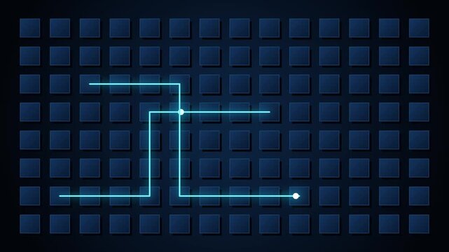 Abstract digital network connection path moving through data grid background