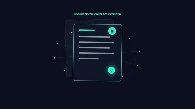 Digital contract screen displays lock icon and verification check