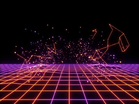 Neon grid dissolving into pixels with retro synthwave landscape and glowing orange and purple wireframe, digital data concept