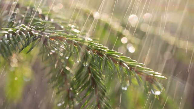 Gentle rain falling on evergreen branch with water droplets glistening in soft sunlight.