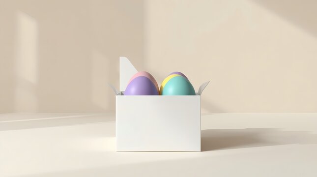 Pastel colored Easter eggs arranged inside a simple white cardboard box on a neutral background