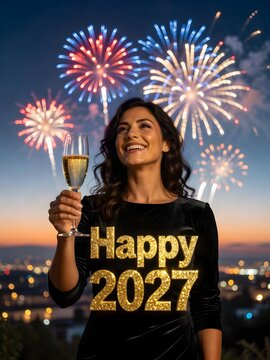 Felice anno nuovo, happy 2027, bella donna con scritta happy 2027