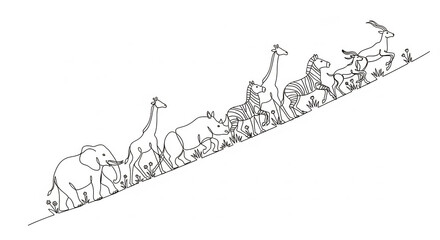 Obraz premium Animal continuous line art of african wildlife climbing a hill