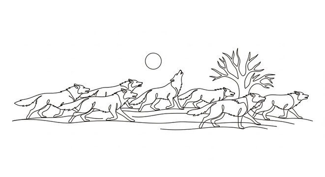 Minimalist wolf pack running under moon continuous line art