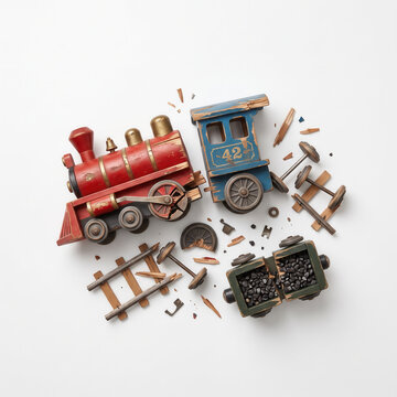 Toy train broken with scattered tracks and wooden pieces on white  