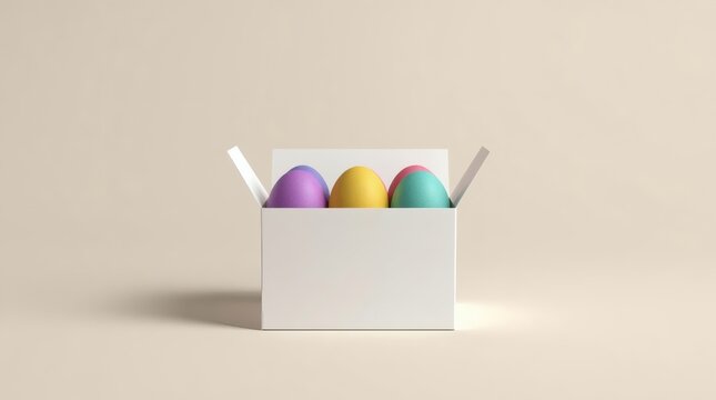 Colorful decorative eggs arranged inside a simple white cardboard box on a neutral background