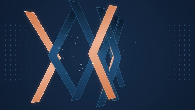 Abstract geometric motion background, with interlocking blue, and orange shapes, and floating particles