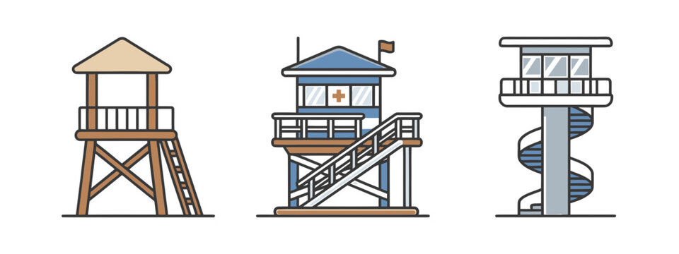 Lifeguard observation tower icon set isolated on white background, vector beach watchtower station
