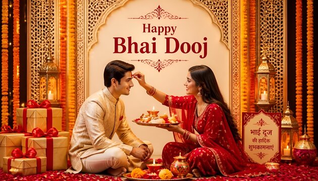 Happy bhai dooj festival celebration with sister applying tilak to her brother