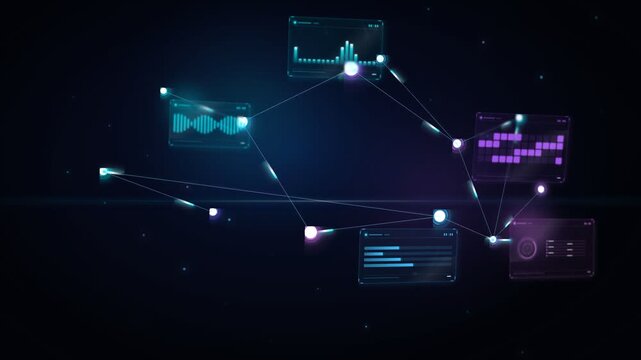 Futuristic cyberspace network displaying interconnected glowing data charts and technical dashboards floating through dark cyberspace to represent global financial intelligence operations