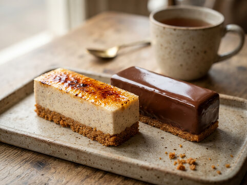 Gourmet Chocolate and Creme Brulee Mousse Bar Cakes on Wooden Table