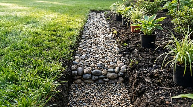 A narrow gravel garden path lined with green plants and small shrubs in a peaceful backyard garden scene. yard drainage solutions