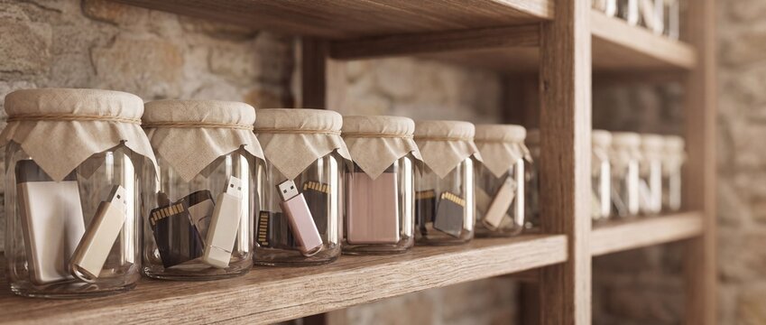 USB drives preserved in glass jars on pantry shelf, data backup