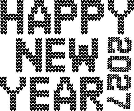 Knitted Happy New Year 2027 text vector, black and white ugly sweater style typography, winter holiday knitwear pattern lettering