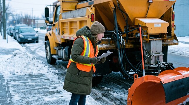 Winter maintenance worker inspecting snow plow truck on snowy urban street