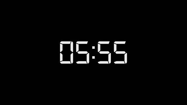 6 Minute countdown animation on black background. 6 minute digital timer on stopwatch on Alpha channel