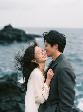 Happy young asian couple laughing and hugging affectionately by the sea on rocky volcanic coast during romantic wedding pre wedding photoshoot outdoor trip.