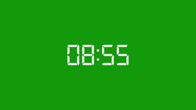 9 Minute countdown animation on green background. 9 minute digital timer on stopwatch on green background.