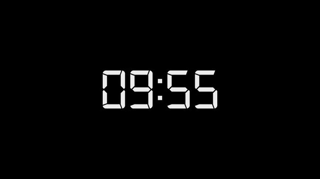10 Minute countdown animation on black background. 10 minute digital timer on stopwatch on Alpha channel
