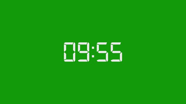 10 Minute countdown animation on green background. 10 minute digital timer on stopwatch on green background.