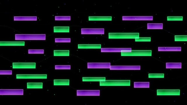 Dynamic digital interface background featuring glowing green and purple rectangular blocks floating in a dark space with subtle wave patterns and scattered particles for software design projects
