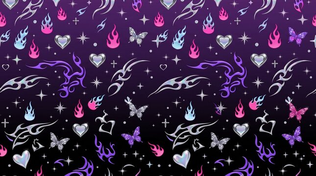 Seamless pattern with y2k aesthetic featuring tribal flames butterflies and sparkling hearts on a dark purple gradient background.