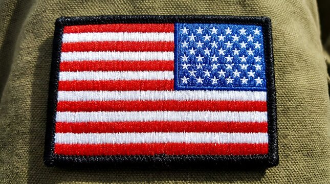 American flag patch with red white and blue colors on a tactical olive green fabric background for military gear