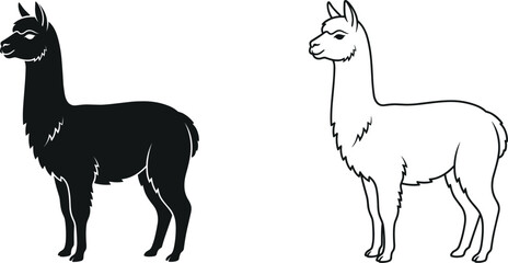 Fototapeta premium Alpaca Llama Vector Silhouette and Line Art Icon Set Featuring Domestic Camelid Animals for Wool Production Farming and Peruvian Textile Designs