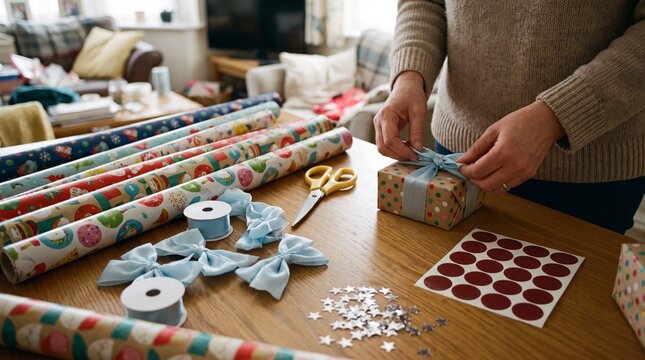 creative gift wrapping, a vibrant gift wrapping table adorned with colorful paper and cheerful accessories