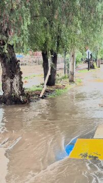 Flooded park and puddles after heavy rain