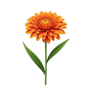 Beautiful orange zinnia flower with green leaves isolated on white background