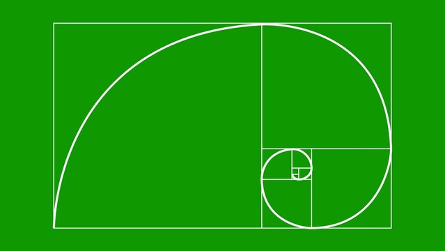 A white golden ratio spiral geometric diagram constructed with squares and arcs, perfectly centered on a solid green background, representing mathematical proportion, nature, and principles