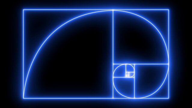 Glowing neon blue golden ratio spiral with a soft light effect on a deep black background, representing mathematical beauty, sacred geometry, and digital concepts in dark space