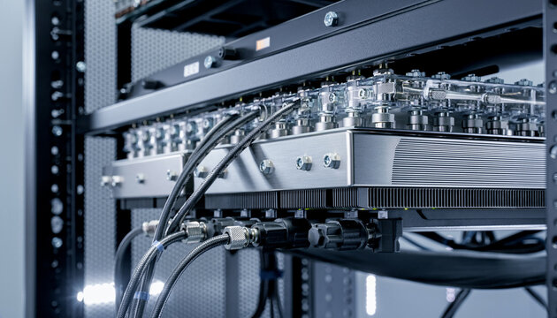 データセンターに設置された液冷式サーバー機器のクローズアップ