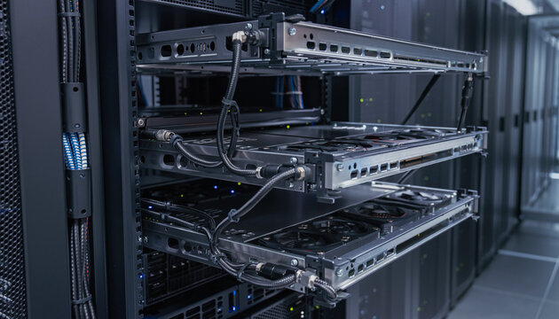 データセンターのラックに設置されたGPUサーバーと冷却ファン