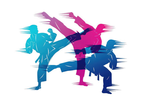 Colorful martial arts fighters performing karate kicks isolated on white background